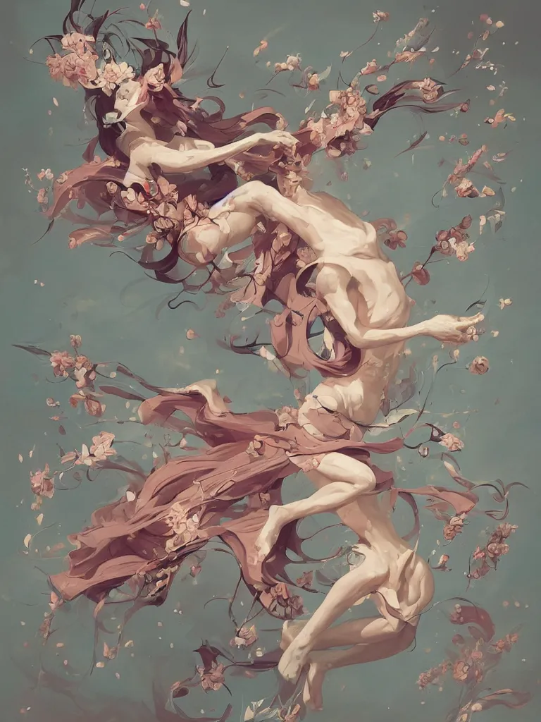 Image similar to a flying body covered in flowers in a dynamic pose, in the style of peter mohrbacher, highly detailed, soft lighting, art nouveau patterns, trending on artstation