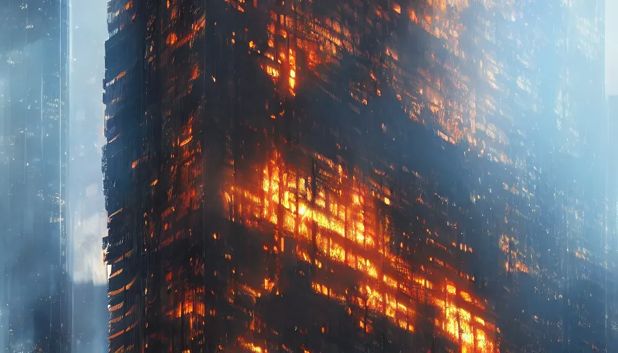 Prompt: humongous glass tower on fire with firefighters on the ground in los angeles at night, hyperdetailed, artstation, cgsociety, 8 k