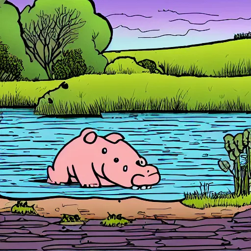 Image similar to sad hippo waking up in a beautiful river landscape, drawing by matt groening, trending on artstation