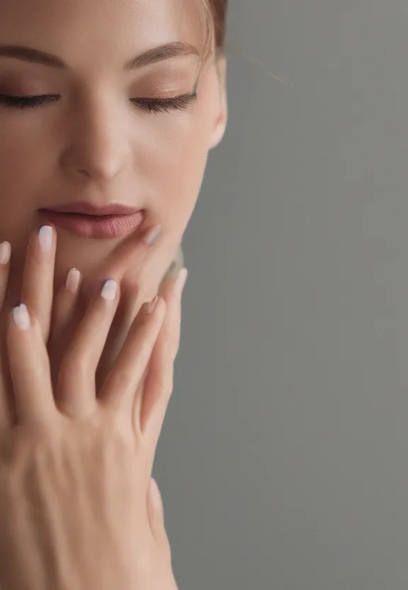 Prompt: photorealistic woman's palm, pov photo, skincare, studio photo, 9 0 mm, f / 1. 4