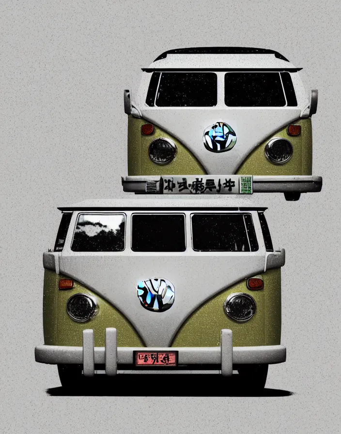 Image similar to front view vw camper touring rural japan, a collage painting, in the style of wes anderson, lola dupre, david hockney, isolated on negative white space background dark monochrome fluorescent spraypaint accents volumetric octane render