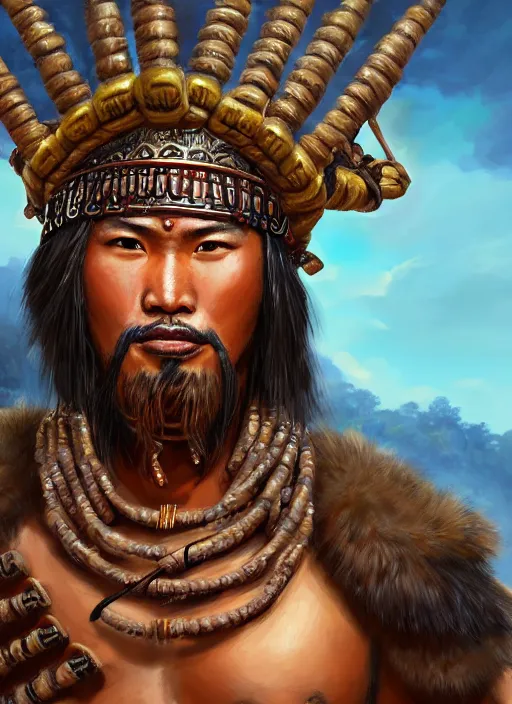 Prompt: tai warlord, closeup portrait, historical, ethnic group, traditional costume, fantasy, intricate, with dong son bronze artifacts, beads cross onbare chest, elegant, loin cloth, highly detailed, oill painting, artstation, concept art, matte, sharp focus, illustration, hearthstone, art by earl norem