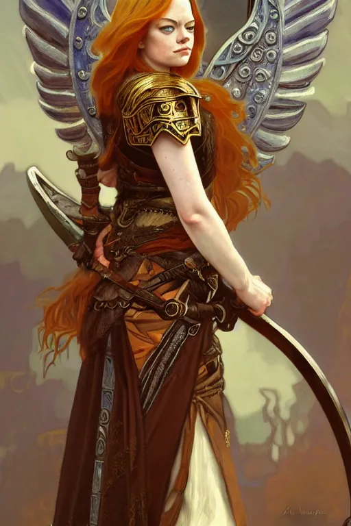 Image similar to Emma Stone as an Viking warrior angel, fantasy, intricate, elegant, highly detailed, digital painting, artstation, concept art, smooth, sharp focus, illustration, art by alphonse mucha