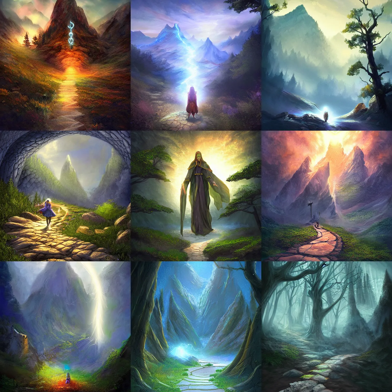 Prompt: mage, spell, mountain, path, light, fantasy, digital art