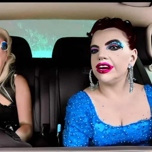 Image similar to carpool karaoke lady gaga and judy garland, highly realistic, highly detailed, high resolution, 8 k 4 k,