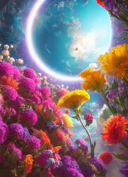 Image similar to An epic fantastic realism comic book style painting of the most beautiful flowers launched into space, bouquets, fisheye lens, unreal 5, DAZ, hyperrealistic, octane render, dynamic lighting