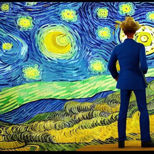 Image similar to vincent van gogh standing next to his painting starry night, stop motion vinyl action figure, plastic, toy, butcher billy style