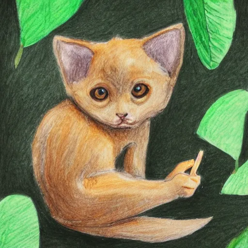 Prompt: a child drawning of a bat kitten sitting in the forest