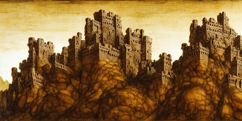 Image similar to matte oil painting of a dwarven fortress at the edge of a mountain range, by leonardo da vinci, mountainhomes, hillocks, smelters, forges, mounds, dwarven citizens, capital site, chiseled architecture, ornate, extremely detailed, sharp focus