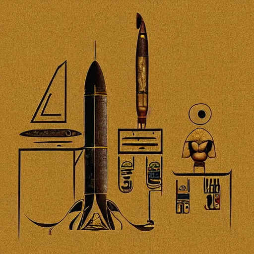 Prompt: “space x rocket and booster drawing in hieroglyph pictogram ancient Egypt 8k sepia gold cracked ”