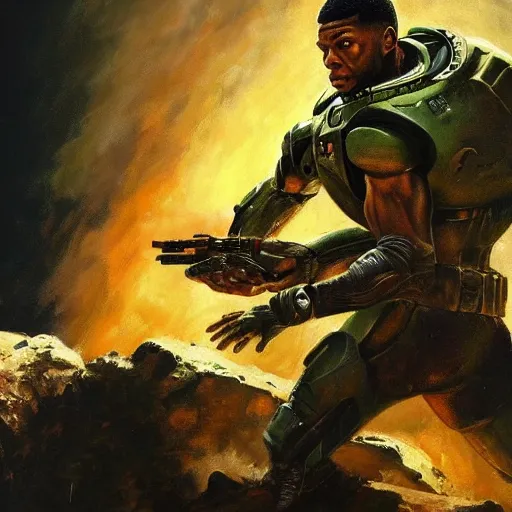 Image similar to ultra realistic portrait painting of giannis antetokounmpo as master chief, art by frank frazetta, 4 k, ultra realistic, highly detailed, epic lighting