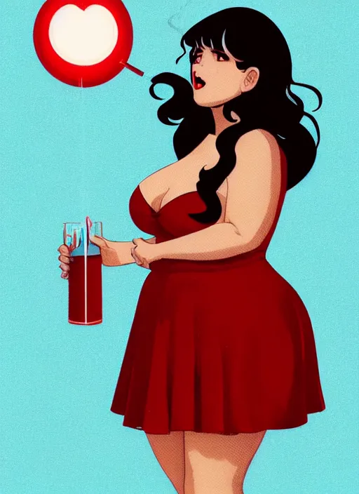 Image similar to full body portrait of teenage veronica lodge, obese, bangs, sultry, realistic, sultry smirk, wavy hair, red skirt, fat, belly, intricate, elegant, glowing lights, highly detailed, digital painting, artstation, concept art, smooth, sharp focus, illustration, art by wlop, mars ravelo and greg rutkowski