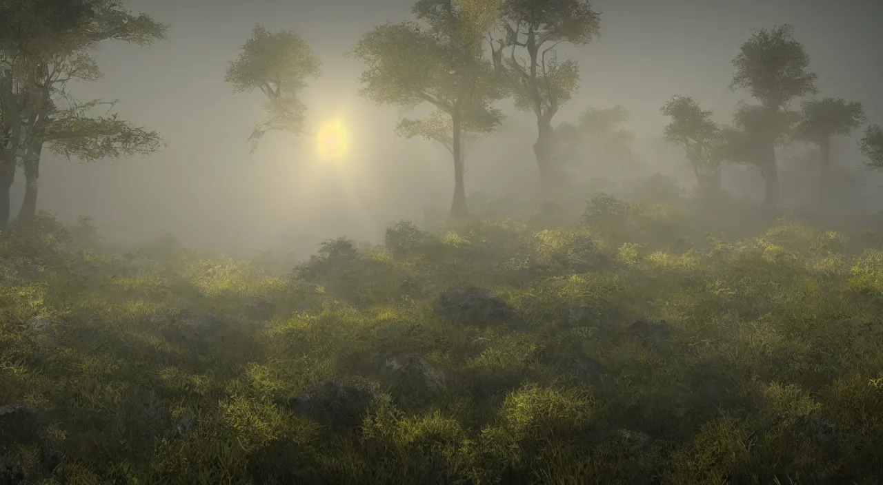 Prompt: photorealistic misty moors overgrowth undergrowth jagged rock features volumetric fog light rays high contrast dawn