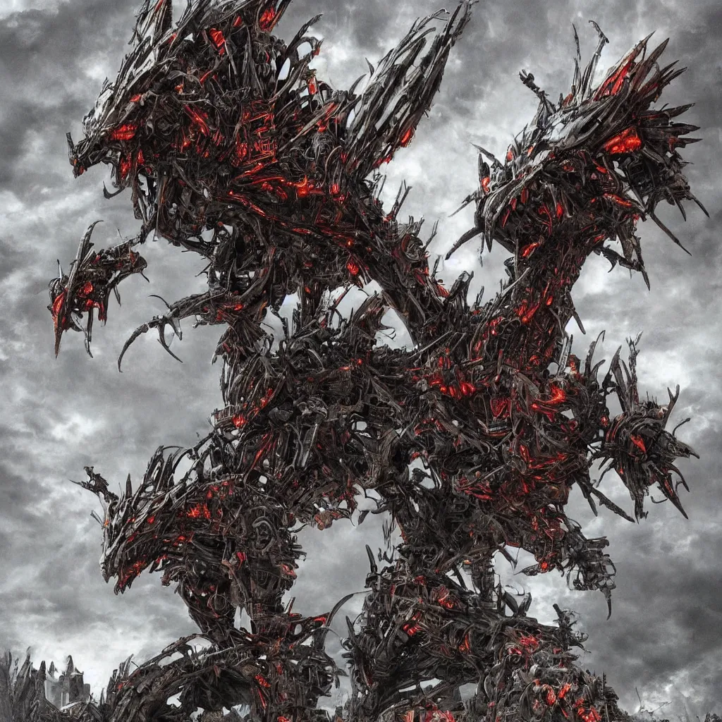 Image similar to high quality art of a giant mechanized dragon in an apocalyptic future, made of plates and armor throughout the body, having 4 limbs and 4 talons on each foot, and glowing fiery red eyes, climbing over a destroyed building in a hazy radioactive atmosphere, roaring with an epic pose into the air as the building crumbles under the weight, showing lots of sharp teeth. furaffinity, deviantart, artstation, high quality