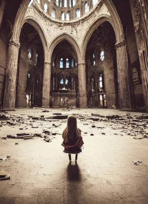 Image similar to a photograph of a sad lonely little girl sitting facing away from the camera at the center of a large dilapidated broken down majestic cathedral with broken tiles, canon 5 0 mm lens, hyper realistic, night, very backlit, dark and moody, cinematic lighting