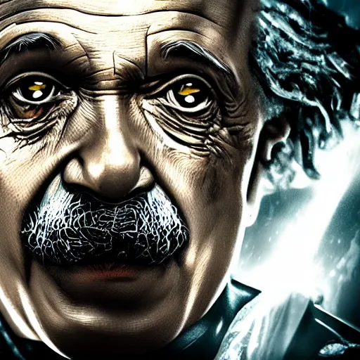 Image similar to 'Albert Einstein'! as Batman in Gears of War, splash art, movie still, detailed face, cinematic lighting, dramatic, octane render, long lens, shallow depth of field, bokeh, anamorphic lens flare, 8k, hyper detailed, 35mm film grain