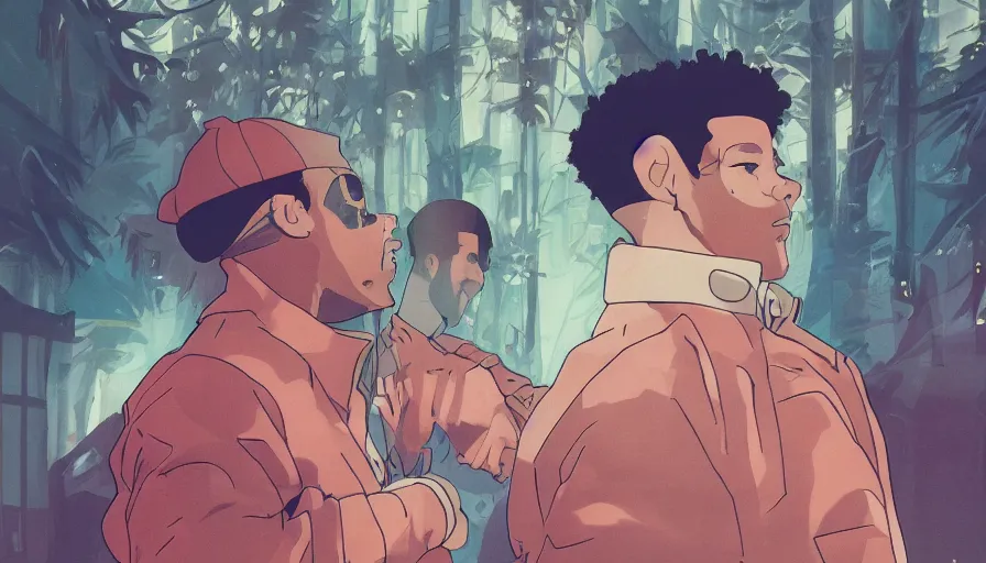 Prompt: the weeknd with drake by studio ghibli, digital art, sharp focus, 4 k, ambient lighting, foggy, neon