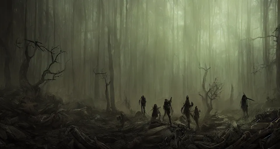 Prompt: an epic action concept masterpiece of a rabid wolfpack, in a forest made of nightmares, horrific digital art, extremely moody lighting, style of johannes voss