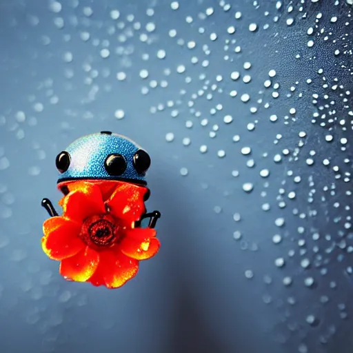 Image similar to a cute tiny robot holds a big flower up in the rain, a ladybug is beside the robot, award winning macro photography, kodachrome, dramatic lighting