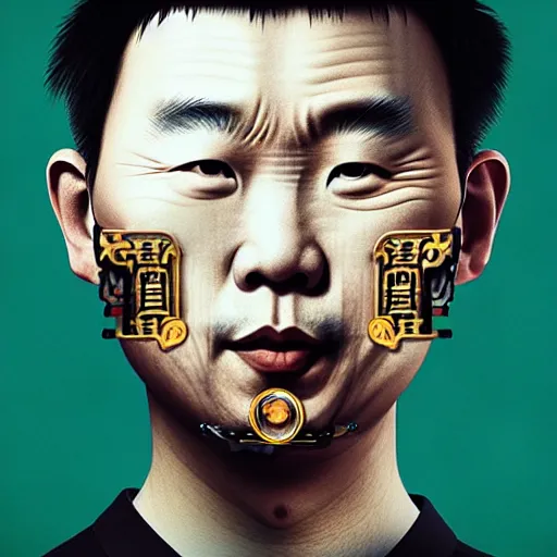 Image similar to portrait of a chinese man :: side profile :: oxygen mask :: clockwork implant :: intricate details :: 8k :: by vikings and Sandra Chevrier