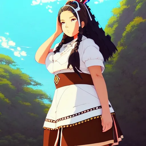 Image similar to a beautiful! plus sized native women instagram model, brown skin, wearing elegant catholic school girl designer fashion with mayan pattern and native style, aztec street fashion, gapmoe yandere grimdark, trending on pixiv fanbox, painted by greg rutkowski makoto shinkai takashi takeuchi studio ghibli, akihiko yoshida