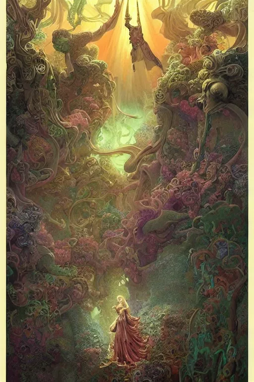 Prompt: the most wonderful dream you ever had, tarot card, fantasy drawing made of fractals, ultra realistic, wide angle, art nouveau, intricate details, rainbowshift, vivid colors, highly detailed by peter mohrbacher, wayne barlowe, maxfield parrish, aaron horkey, gaston bussiere, craig mullins