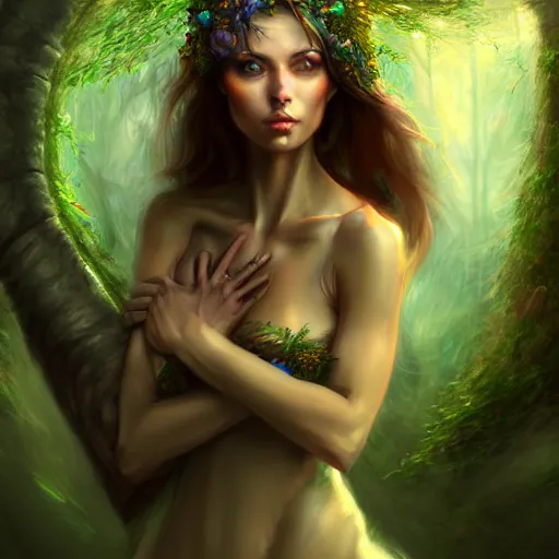 Image similar to upper body of a beautiful woman clothed in trash standing in an enchanted forest, high fantasy, elegant, epic, detailed, intricate, digital painting, concept art, realistic detailed face, smooth, focus, rim light