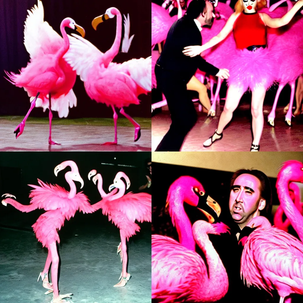 Prompt: nicolas cage and pink flamingos dancing at a disco party