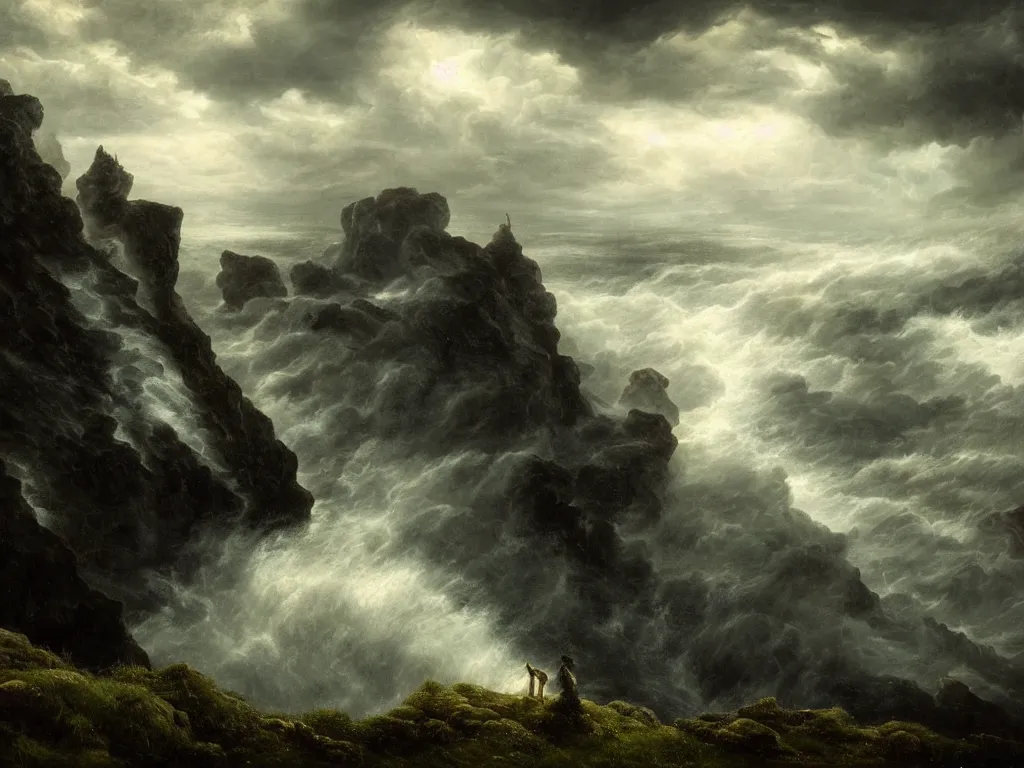 Image similar to detailed landscape, high cliff, very detailed dark super storm, hyper realistic clouds, impressive, magical, very atmospheric, smoke boiling, cinematic, deep, very high complexity, stunning, masterpiece, chiaroscuro, in the style of caspar david friedrich, very detailed. 4 k