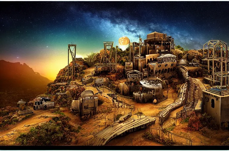 Image similar to favela coaster cathedral bunker, desert environment, industrial factory, cliffs, bright, milky way, award winning art, epic dreamlike fantasy landscape, ultra realistic,