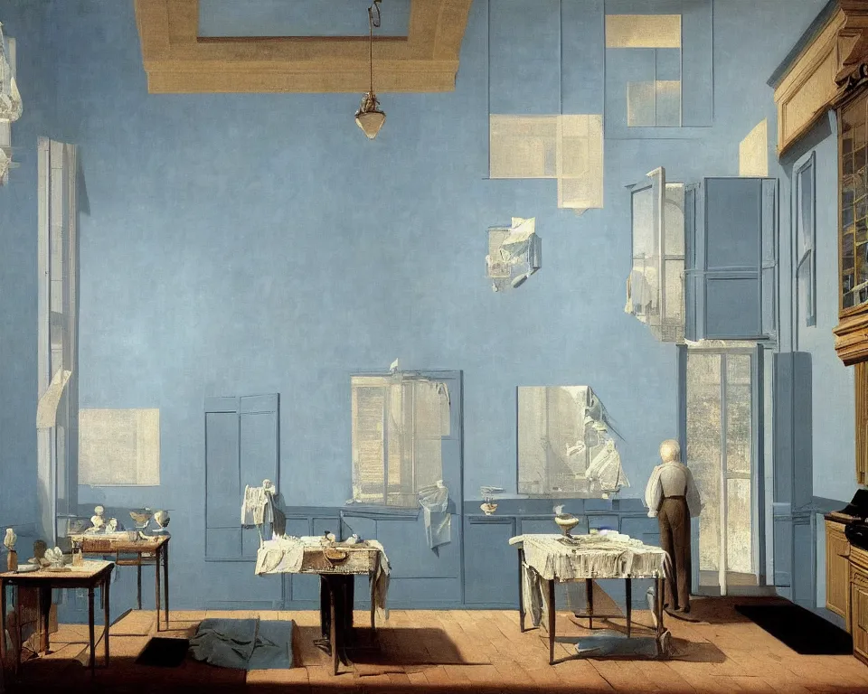 Image similar to achingly beautiful painting of a sophisticated, well - decorated kitchen on baby blue background by rene magritte, monet, and turner. giovanni battista piranesi.