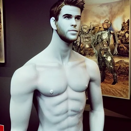 Image similar to “ a realistic detailed photo of a guy who is an attractive humanoid who is half robot and half humanoid, who is a male android, actor liam hemsworth, shiny skin, posing like a statue, blank stare, at the museum, on display ”