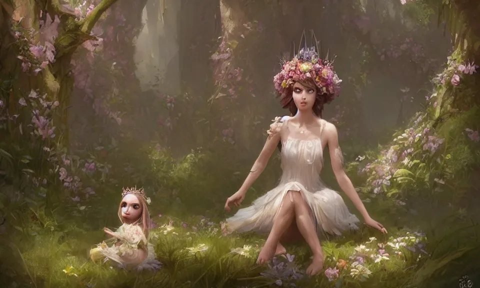 Prompt: Fairy princess sloth with crown of flowers, Greg Rutkowski, ArtStation, CGSociety, Unreal Engine