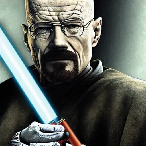 Image similar to realistic photo of walter white as a jedi from star wars, using jedi clothes and with a lightsaber