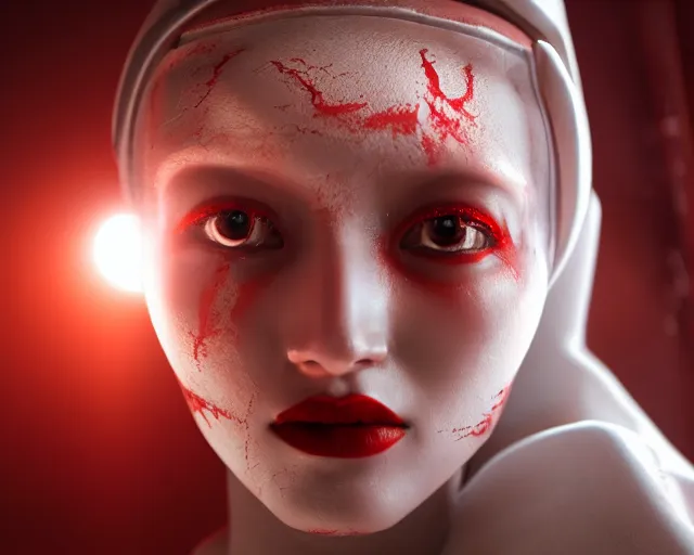 Image similar to a film still of a synthetic female human oracle wrapped in white cloth, beautiful, red eyes, tribal facepaint, neotokyo, cinematic lighting, high resolution, 4 k