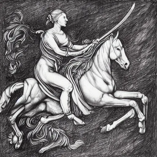 Prompt: “8k ink drawing of Diana huntress, Horses in run, intricate in style of Michelangelo and Albrecht Durer, beautiful woodland, hand made paper”