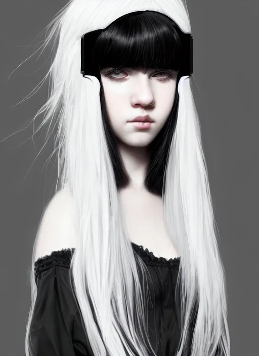 Prompt: portrait of white teenage girl, normal face, white bangs, mall goth, cyberlox, black and white hair, bangs, fluffy bangs, intricate, elegant, highly detailed, digital painting, artstation, concept art, sharp focus, smooth, illustration, art by wlop, mars ravelo and greg rutkowski