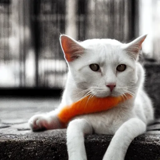 Prompt: an orange cat looking suspiciously at a white dog. photograph. digital art.