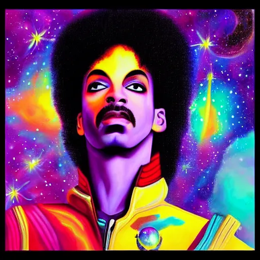 Image similar to a cosmic painting of prince in space. mindblowing colours, trending on artstation. highly detailed face.