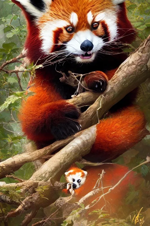 Image similar to portrait of the red panda bestower of the chaparral by artgerm and Craig Mullins, James Jean, Andrey Ryabovichev, Mark Simonetti and Peter Morbacher 16k