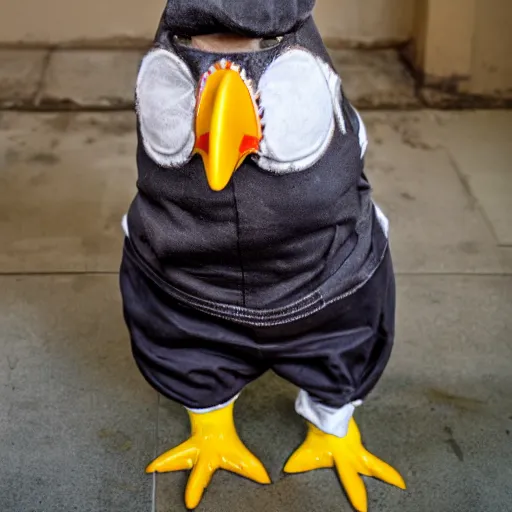 Image similar to chicken wearing inmate clothes