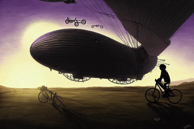 Image similar to kid rides a bicycle waving good bye to the airship at sunset, in the style of giger, intricate and epic composition, purple by caravaggio, insanely quality, highly detailed, masterpiece, purple light, artstation, 4 k
