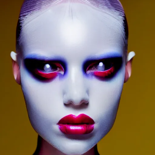 Image similar to high fashion photography of a model in neo futurism white sci - fi makup, transparent cloth, beautifully lit