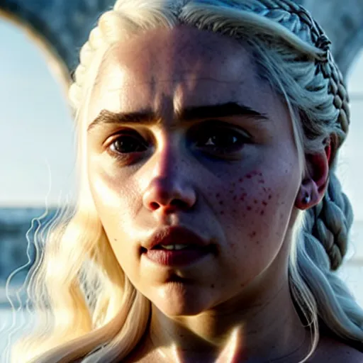 Image similar to a selfie of daenerys targaryen played by scarlett johansson, medium shot, detailed eyes,