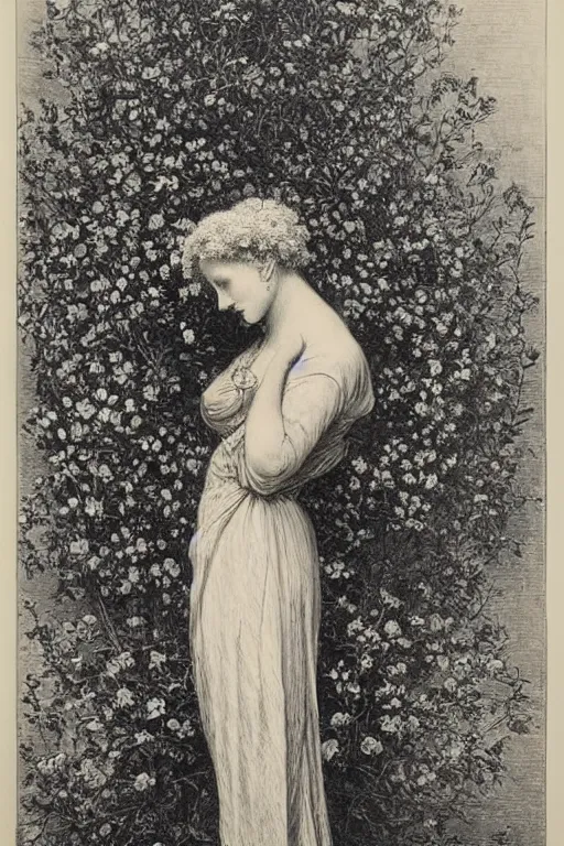 Image similar to black and white, woman in flowers, Gustave Dore lithography