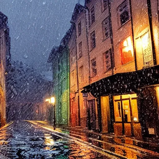 Image similar to picture of a street in bergen, norway, raining, winter