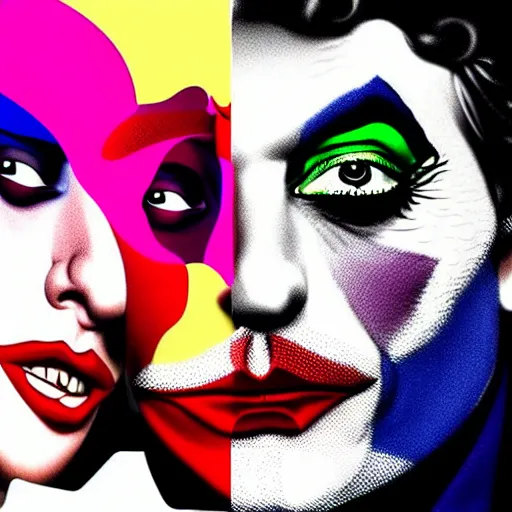 Prompt: richard hamilton and mimmo rottela as lady gaga harley queen and joaquin phoenix joker kissing, pop art, medium shot, 3 color, separate content, object details, dynamic composition, 4 k, ultra realistic art, smooth, sharp focus, illustration, concept art, intricate details, h 7 6 8