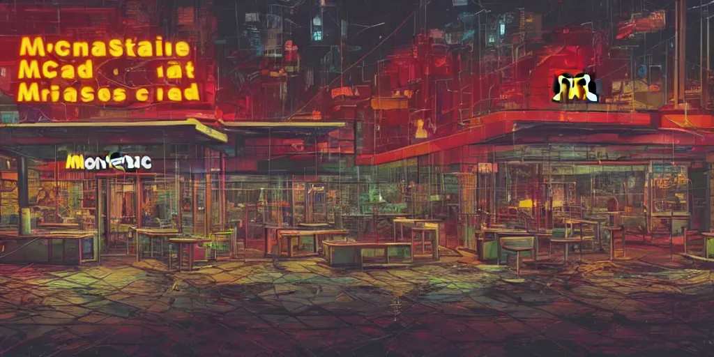 Prompt: pristine mcdonald's in the apocalyptic forest, hyper realism, neon, cyberpunk, nighttime