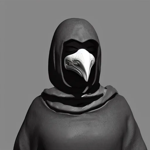 Image similar to female plague doctor donning a black hood, steel knightly armor and a white crow mask, trending on artstation