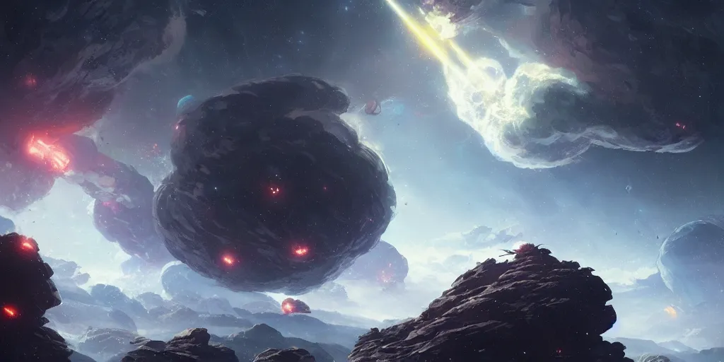 Prompt: Dramatic space battle among an asteroid field, immense and wondrous, Greg Rutkowski and Studio Ghibli